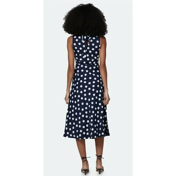 Most Of All Coralie Satin Sleeveless Midi Dress Navy Blue White Polka Dot Size 4 - Picture 3 of 10